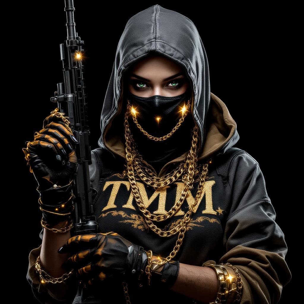 AI generated: WOMAN CHARACTER black ops theme 

wearing BLACK  face mask 

WEARING GOLD CHAINS

holdingA DIAMOND  ...