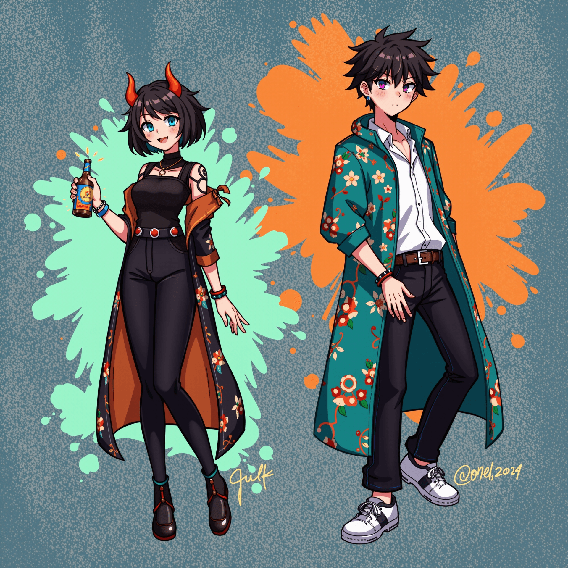 AI generated: Image is a digital illustration featuring two stylized characters with a vibrant and artistic design...