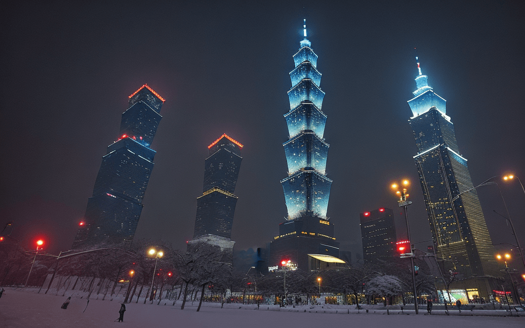 AI generated: snow weather, Taipei 101 ,delight night 