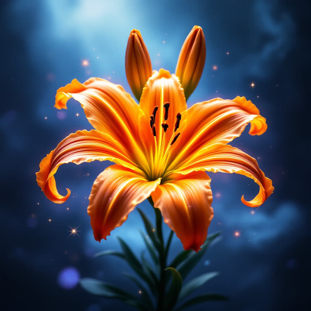 AI generated: The image depicts a highly stylized and fantastical depiction of a lily flower. The central focus is...