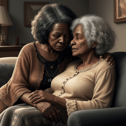 AI generated: Black old woman, 70s, seated on a cosy couch, 30-year-old daughter, whispering, intimate moment, rea...