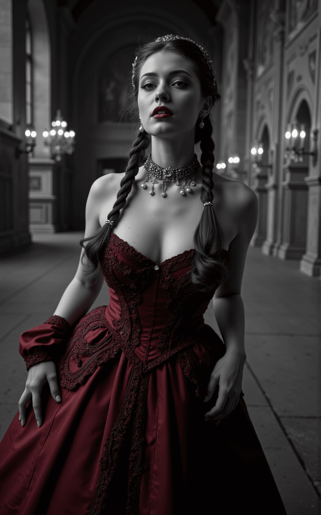 AI generated: In this black and white photograph, a curvaceous woman stands elegantly in a grand castle hall, exud...