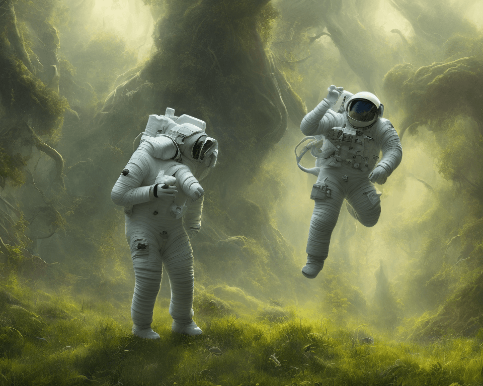 AI generated: illustration of astronaut on a verdant world, a masterpiece sci-fi atmospheric, highly detailed, sha...