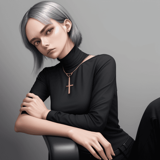 AI generated: a woman in black shirt with her arms folded against , normcore, dark silver and dark gold, happycore...