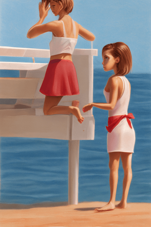 AI generated: 1girl, a girl as a lifeguard, Standing with hands on hips, looking down at the ground, in the sun on...