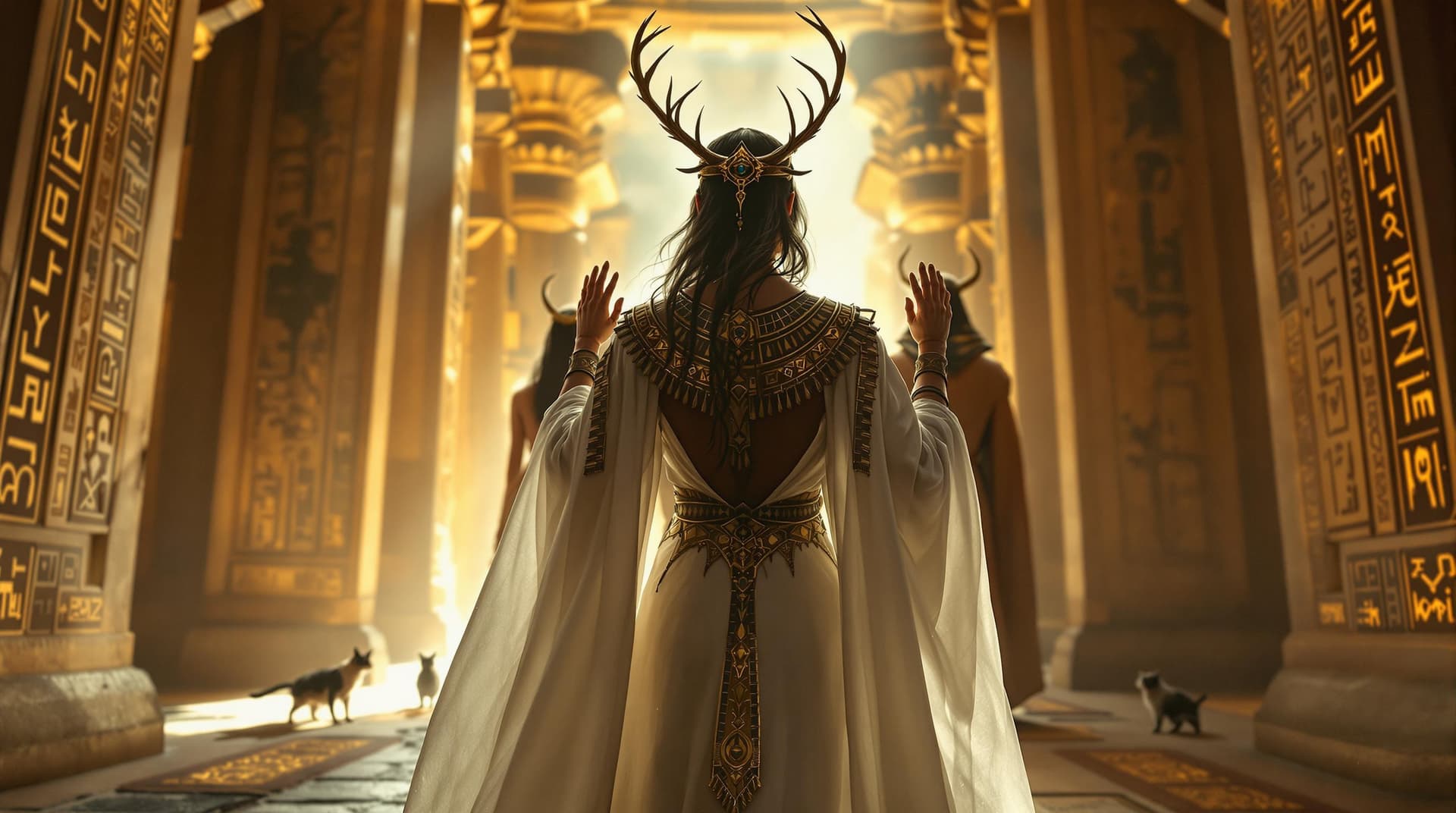 AI generated: a Majestic Norse priestess in a flowing white linen dress with intricate gold Egyptian accents and a...