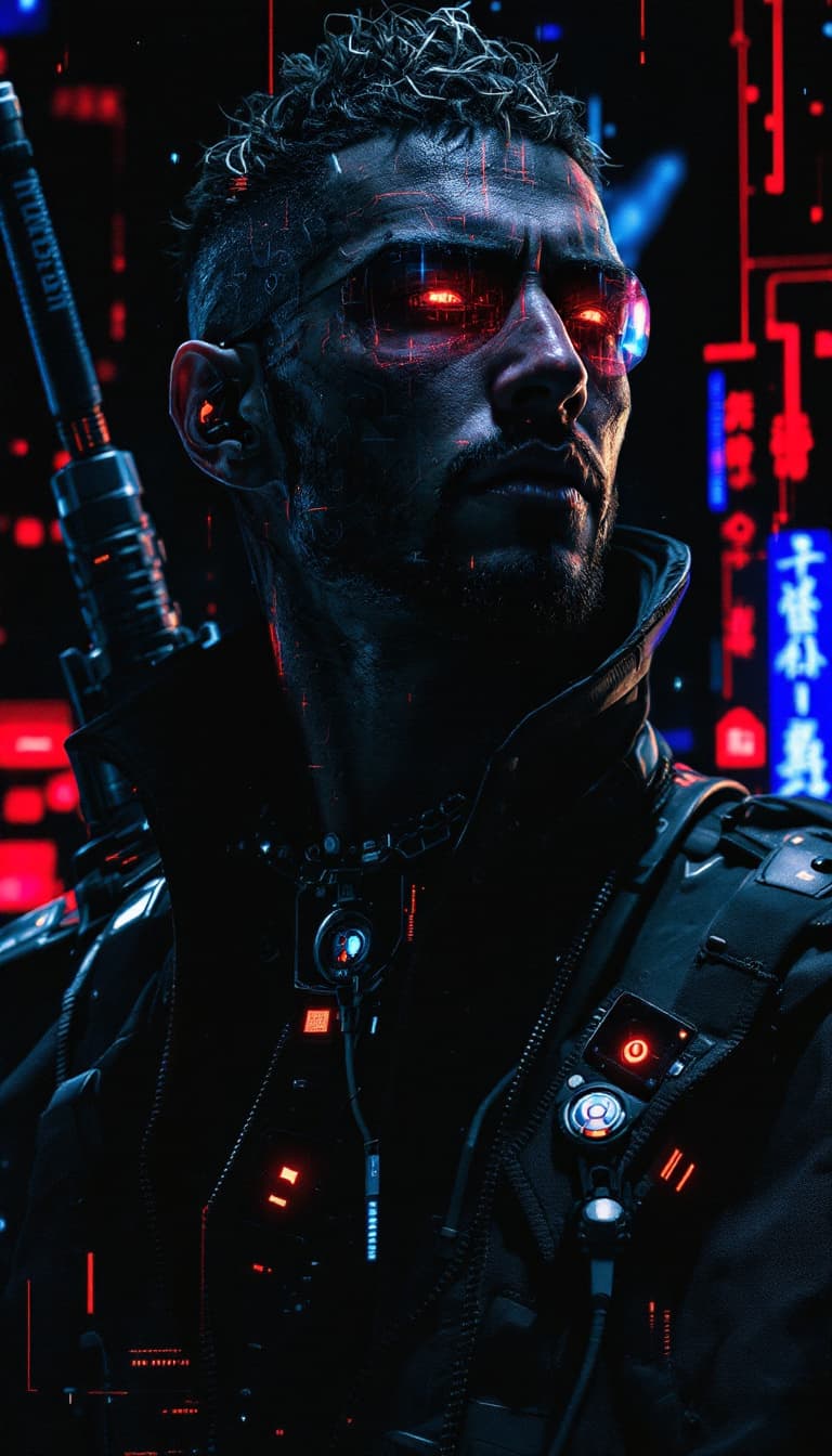 AI generated: Portrait of a futuristic cyberpunk rebel leader, centered, adorned with revolutionary tech, in a hid...
