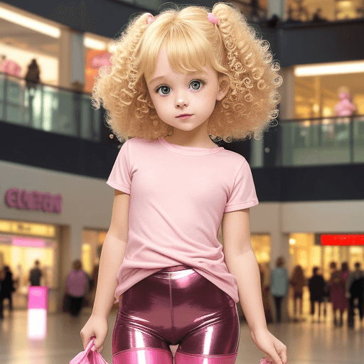 AI generated: cute little girl, blonde curly hairs, cute shirt, tight shirt, pink shiny pantyhose, warm lights, sh...