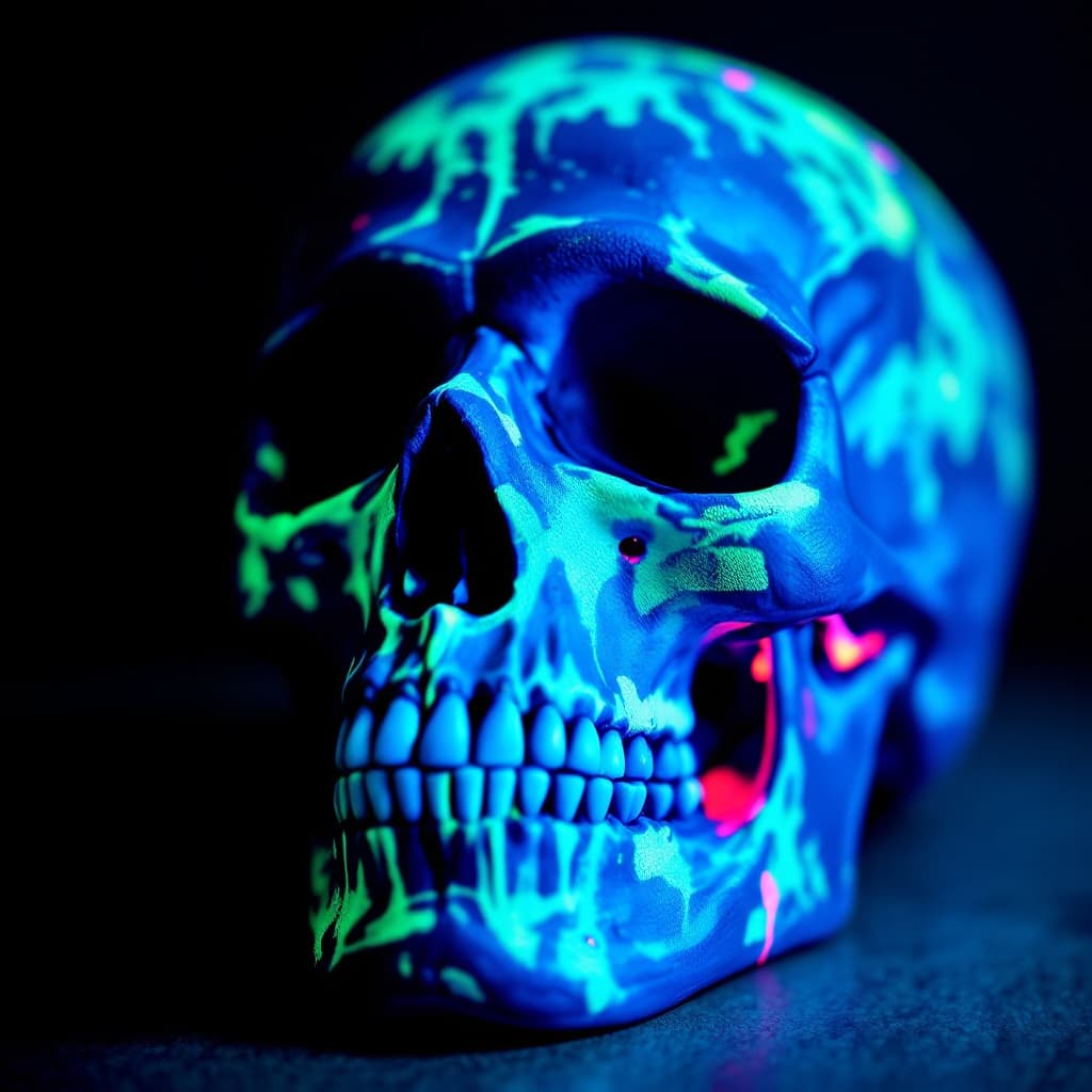 AI generated: a skull illuminated with ultraviolet light and smeared with fluorescent paint.van der Rohe
