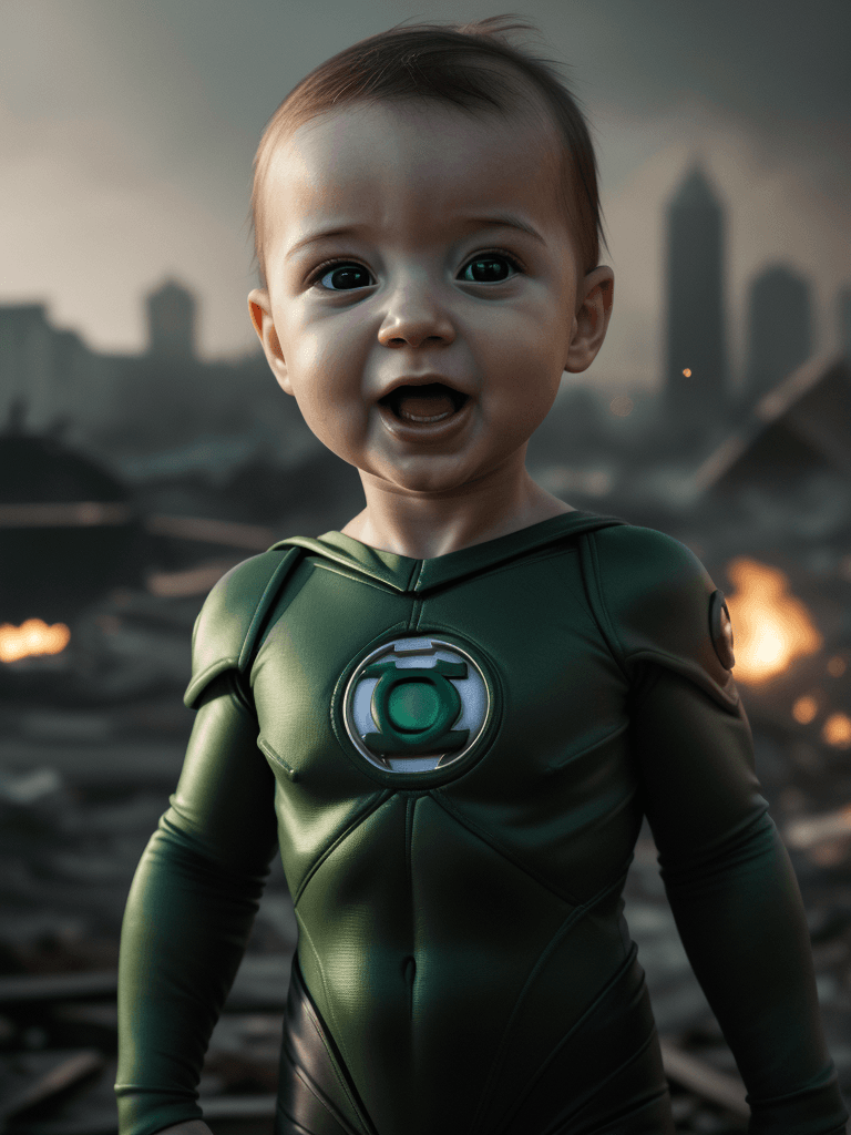 AI generated: Realism, best realism, portrait, portrait photography, half body, baby, baby green lantern, action, ...