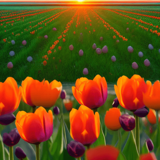 AI generated: Hyper realistic photo of field of orange tulip flowers at the sunset, lower level of view.
