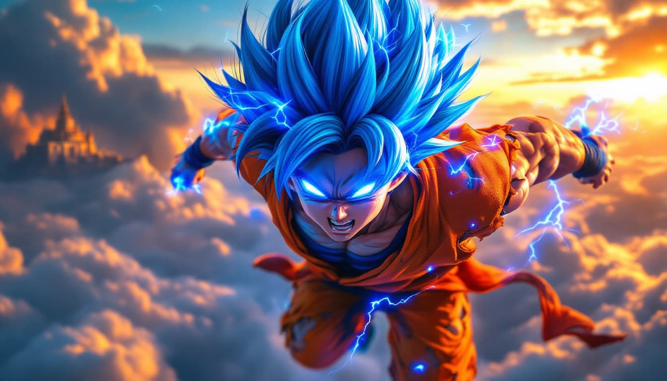 AI generated: "Ultra-realistic full-body portrait of Goku Super Saiyan Blue, hyper-detailed muscular anatomy with ...