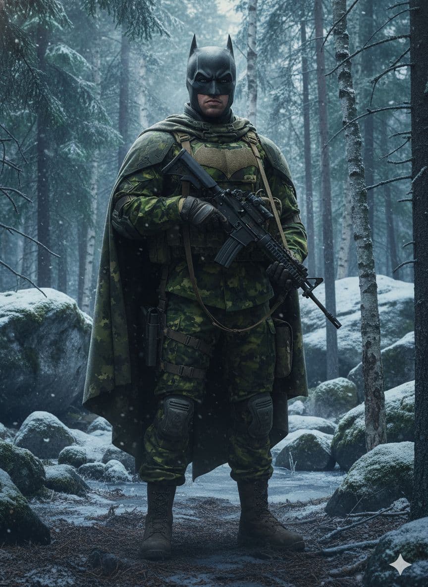 AI generated: Batman as a swedish soldier with a Ak5 rifle in the swedish forest north of sweden. Ultra realistic ...