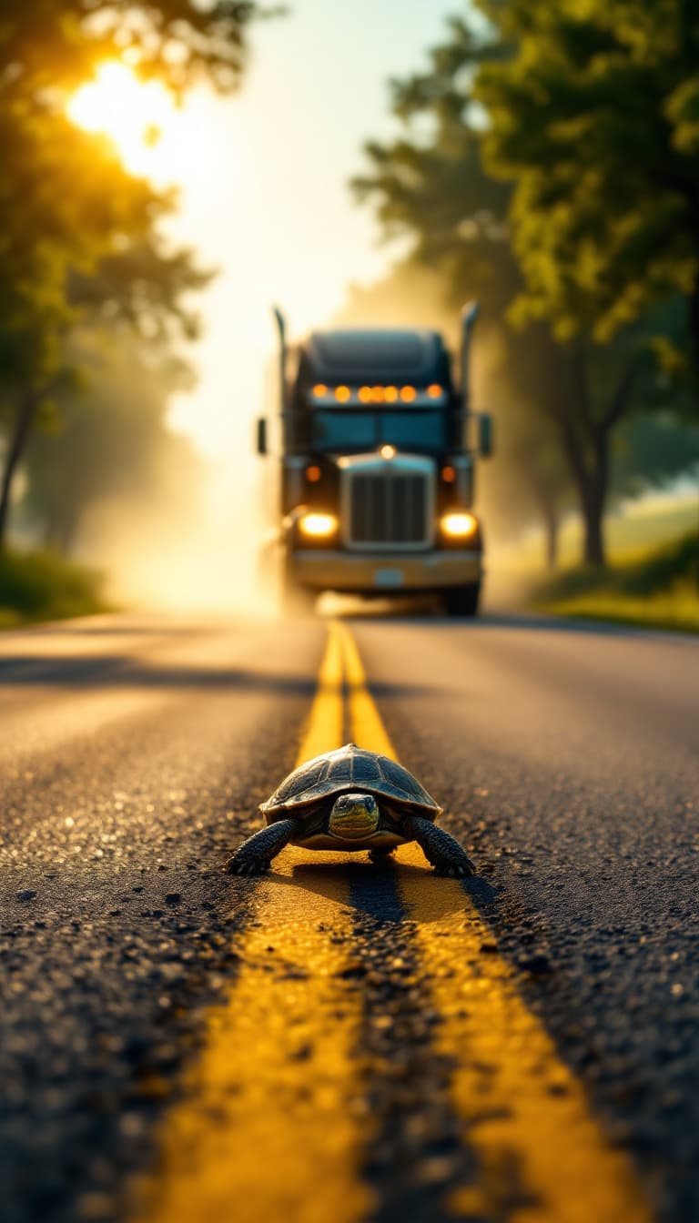 AI generated:  "A small turtle slowly crossing a long, winding road in the middle of a peaceful countryside. The c...