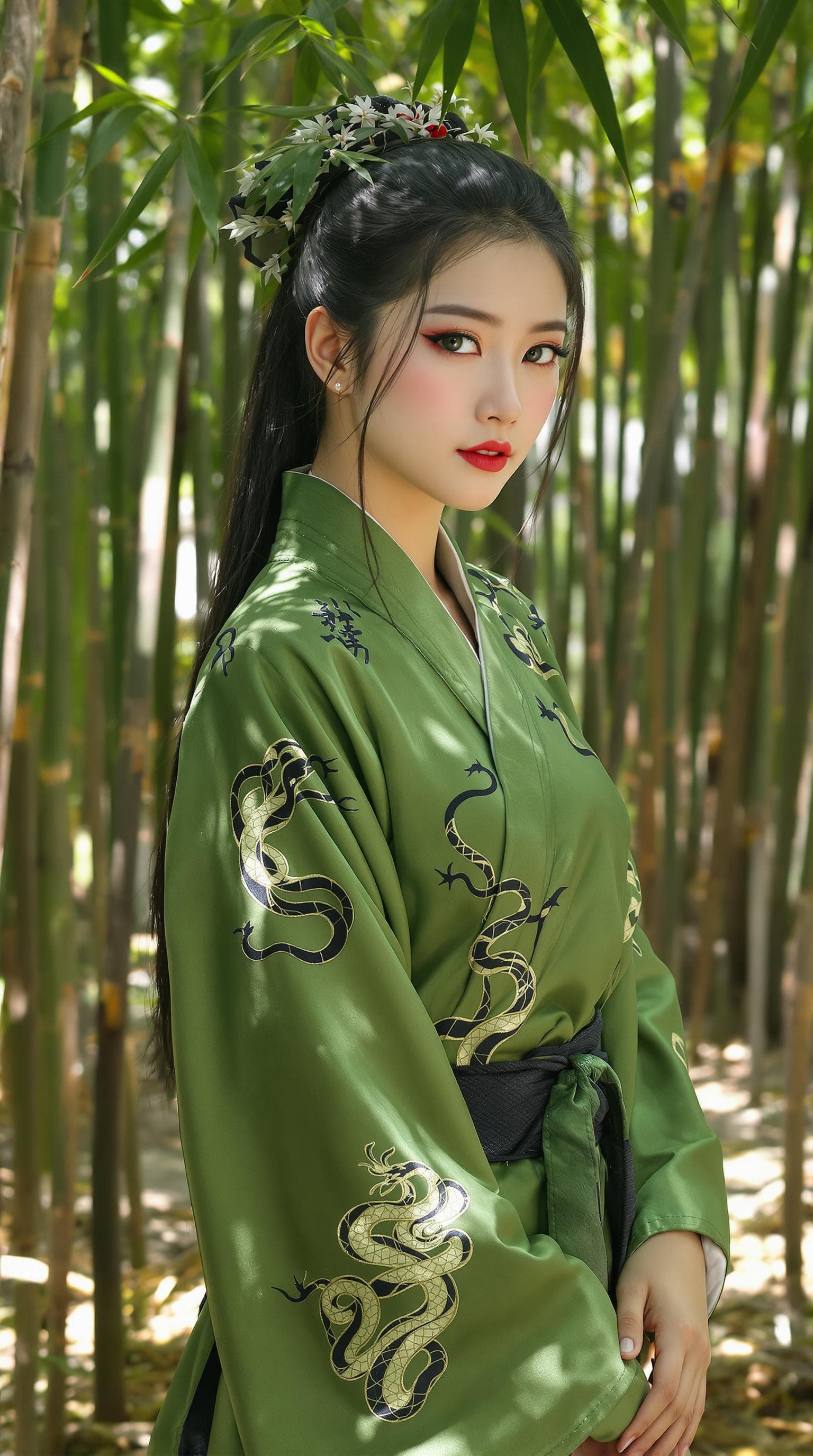 AI generated: A hyper-realistic image of a Chinese woman in her mid-20s; slim, agile build, green eyes with subtle...