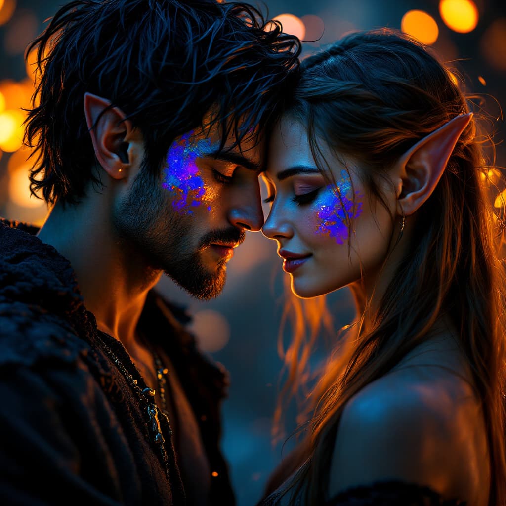 AI generated: "A raw, hyper-realistic cinematic headshot of two elf lovers in an intimate embrace. Their faces are...
