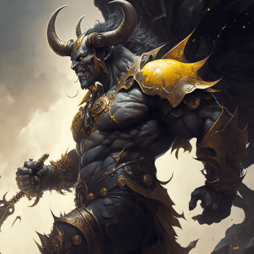 AI generated: Artgerm, WLOP, Greg Rutkowski; SUPER POWERFUL MINOTAUR GOD WITH BIG AXE , IN BATTLE, Intricately Des...