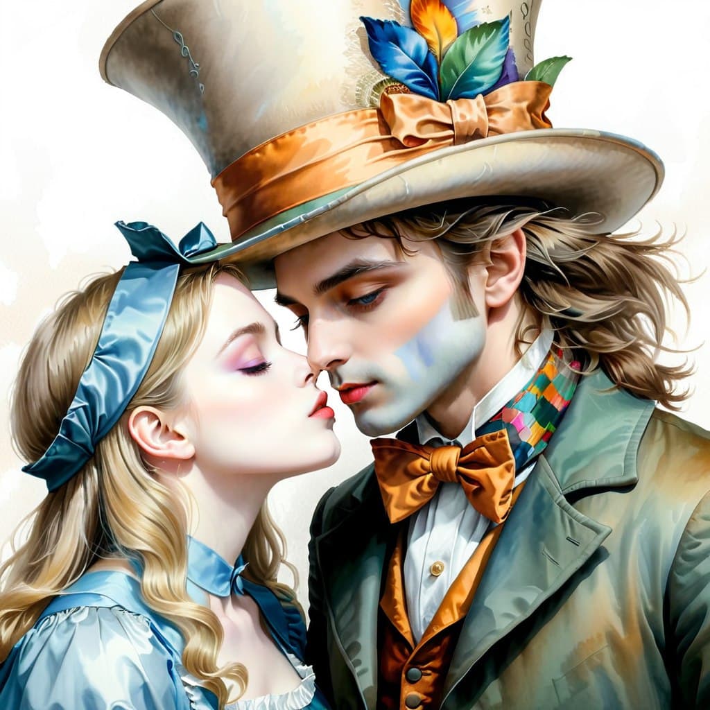 AI generated: (The hatter kisses Alice:1.4), Watercolor drawing, drawing, digital-art, pixel art, high detail, int...