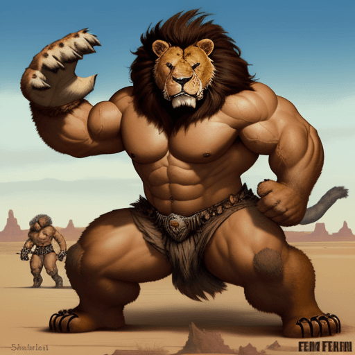 AI generated: In the style of a Frank Frazetta painting, desert plateau predator cross between a bear & a lion wit...