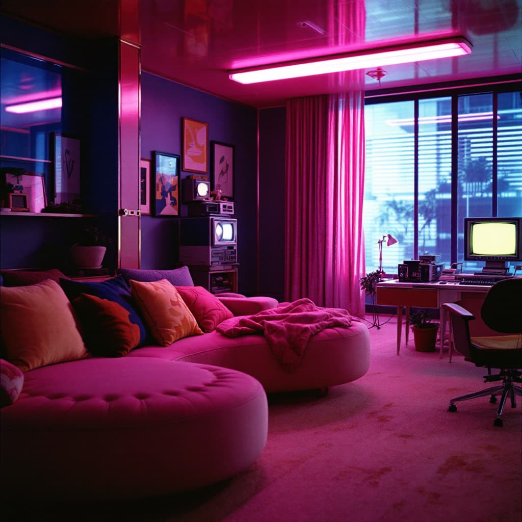 AI generated:  Screenshot of Super Panavision 70 film from the 1950s, in colour, office room with retro-future 195...