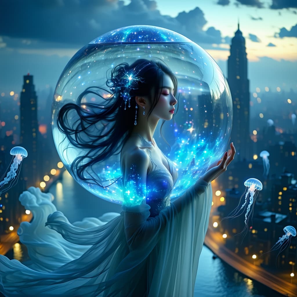 AI generated: Suspended in a translucent water sphere floating above a city in twilight, a dolphin-human hybrid ch...