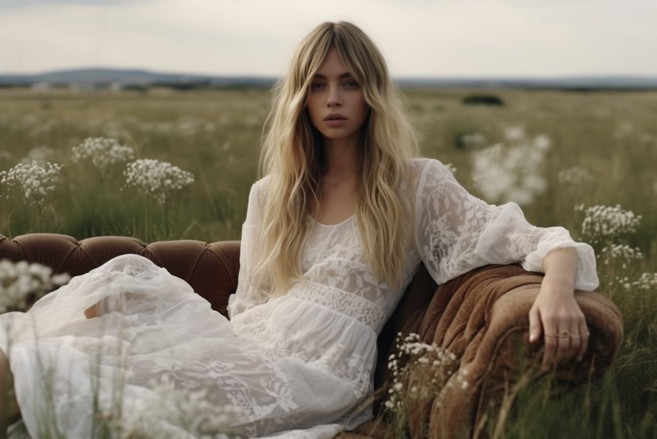 AI generated: a woman sitting on top of a couch in a field, skinny girl in white boho dress, lalisa manobal, allur...