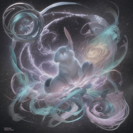 AI generated: galaxies, spirals, space, nebulae, stars, smoke, iridescent, intricate detail, in the shape of a rab...