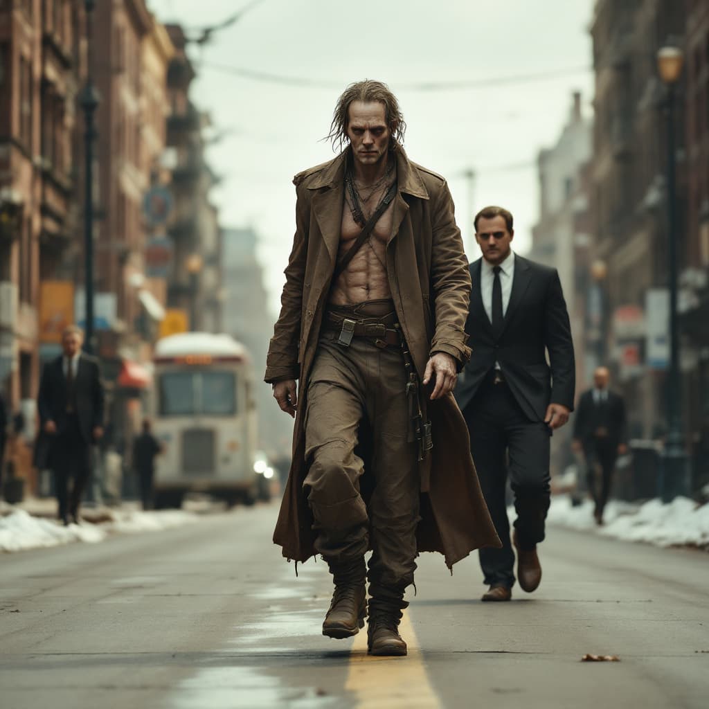 AI generated: A thin man dressed in ragged clothes walks along a wide street, accompanied by two guards in busines...