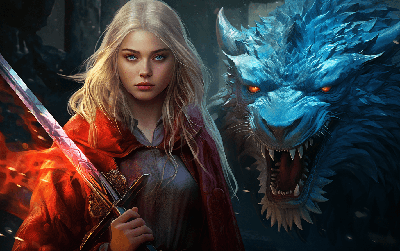 AI generated: A girl with long blonde hair and a large dragon is holding a sword, in the style of hyper - realisti...
