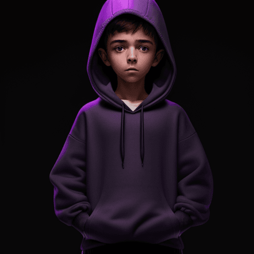 AI generated: small adolescent with a purple hooded sweater, black pants, , black background, best quality, 8k, fi...
