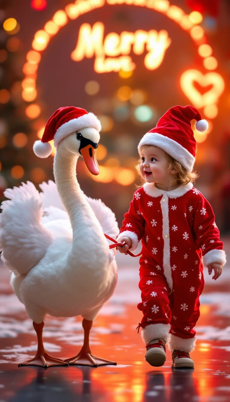 AI generated: A baby girl dressed in santa claus pajamas leads a pet manga swan on a leash while walking at a Merr...