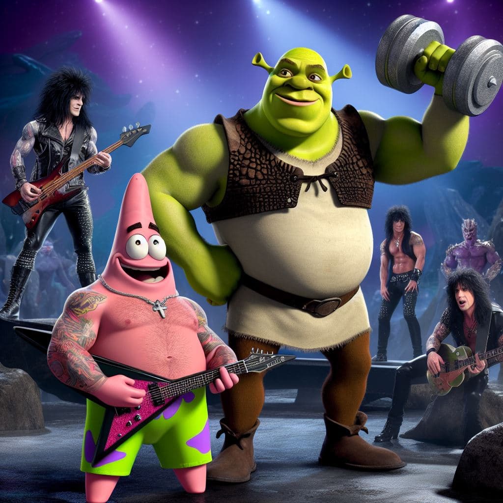 AI generated: Shrek looking proudly at Patricio Estrella muscular and rocker lifting a giant dumbbell in the under...