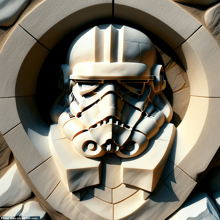 AI generated: stone carving in the likeness of a stormtrooper, on the side of a mountain, intricate details and st...