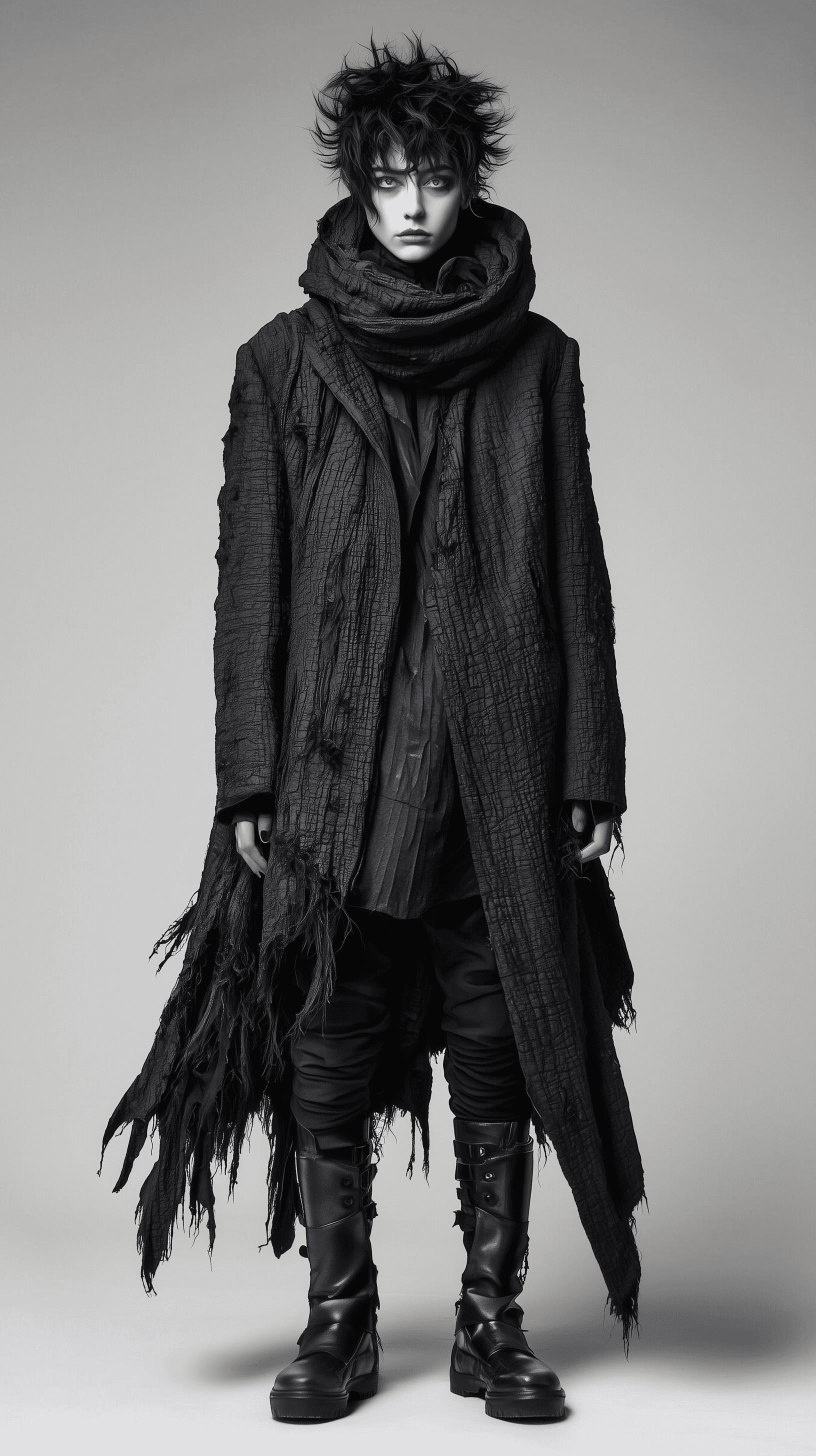 AI generated: fashion portrait, full body, front view, androgynous model with pale skin and striking blue eyes, me...