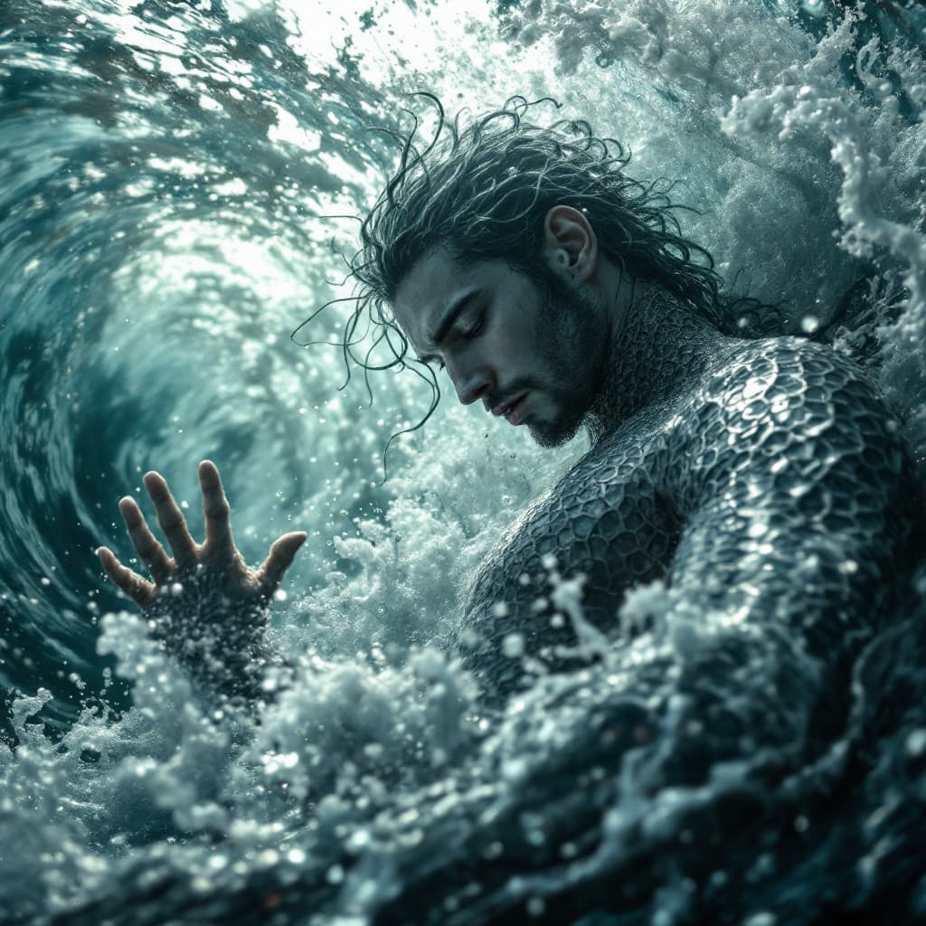 AI generated: Low angle of a graceful male mermaid emerging from the ocean waves, enchanting and mesmerizing, art ...