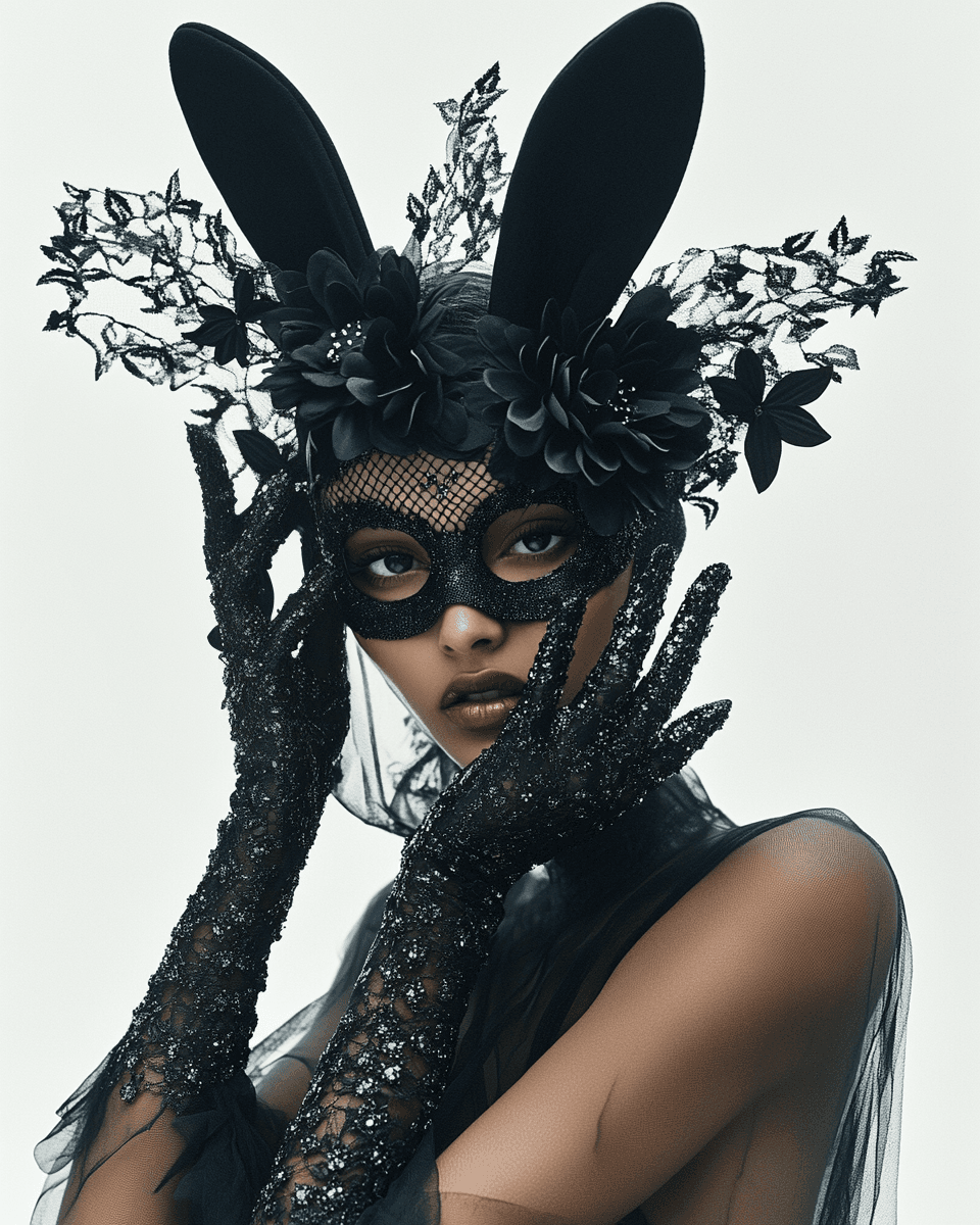 AI generated: A fashion photograph featuring a model wearing bunny ear mask adorned with black flowers, a mask cov...