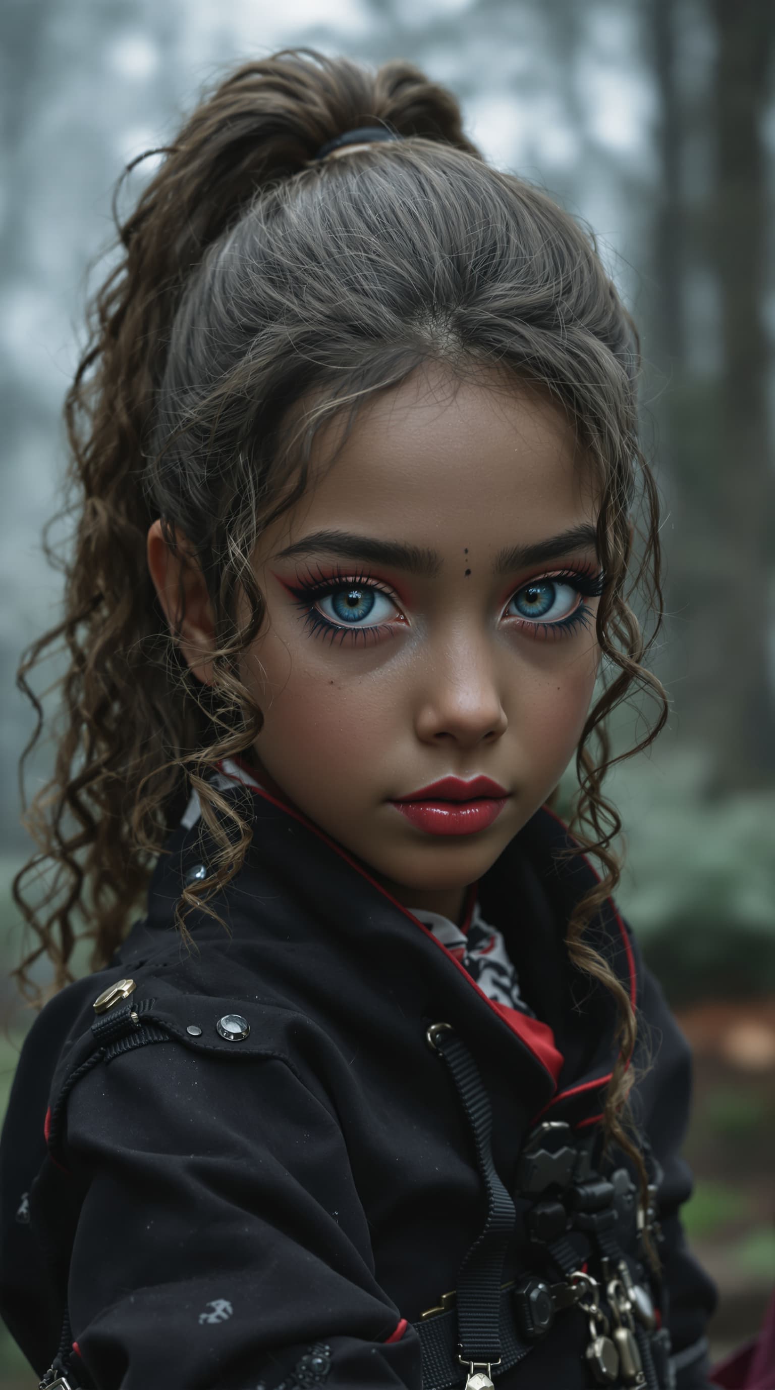 AI generated: A professional photograph of an extraordinarily beautiful eleven-year-old girl with an evil aura, ca...