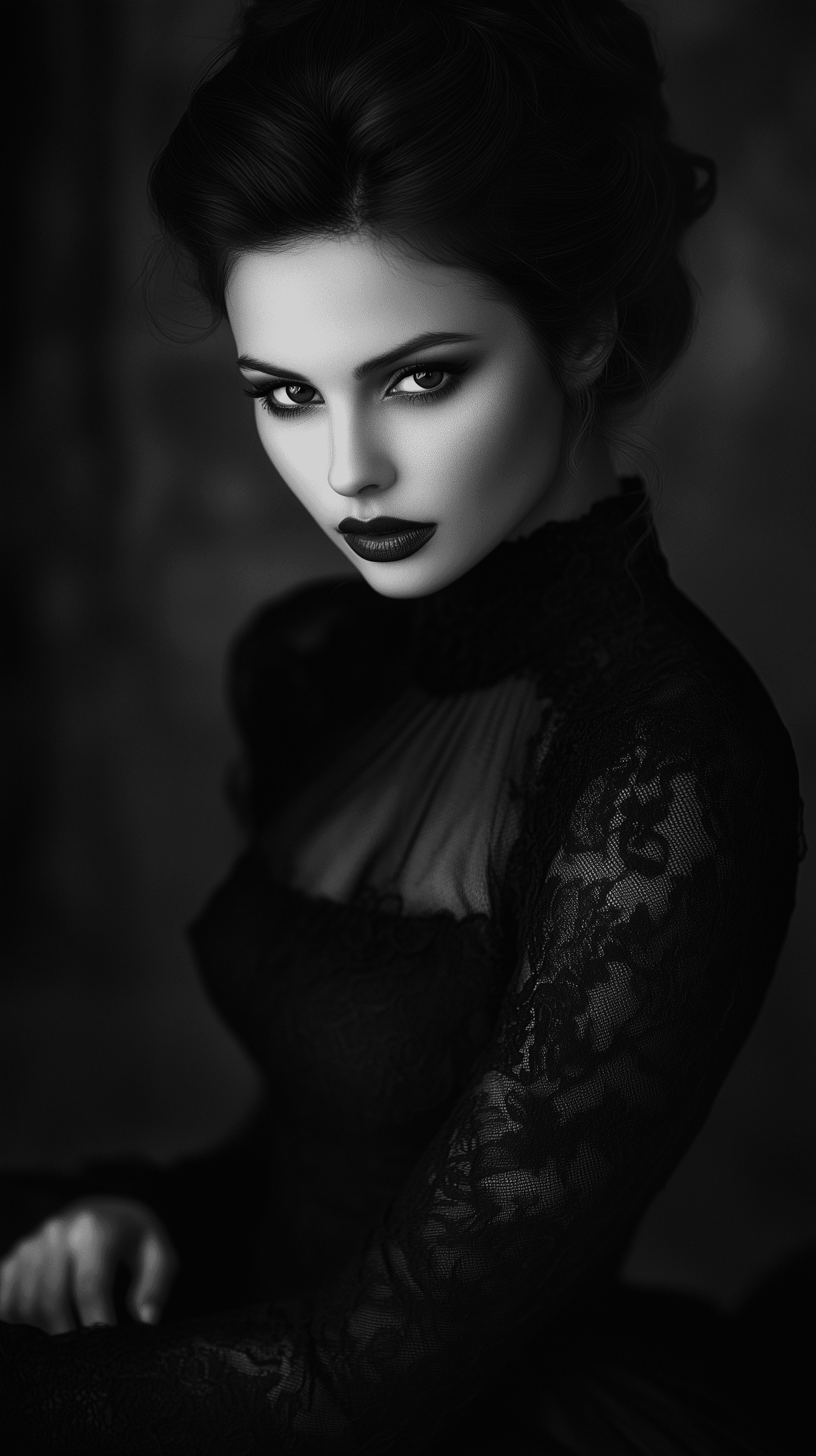 AI generated:  Low-Key Portrait Capture a low-key portrait of the woman in a black dress, using a dark background