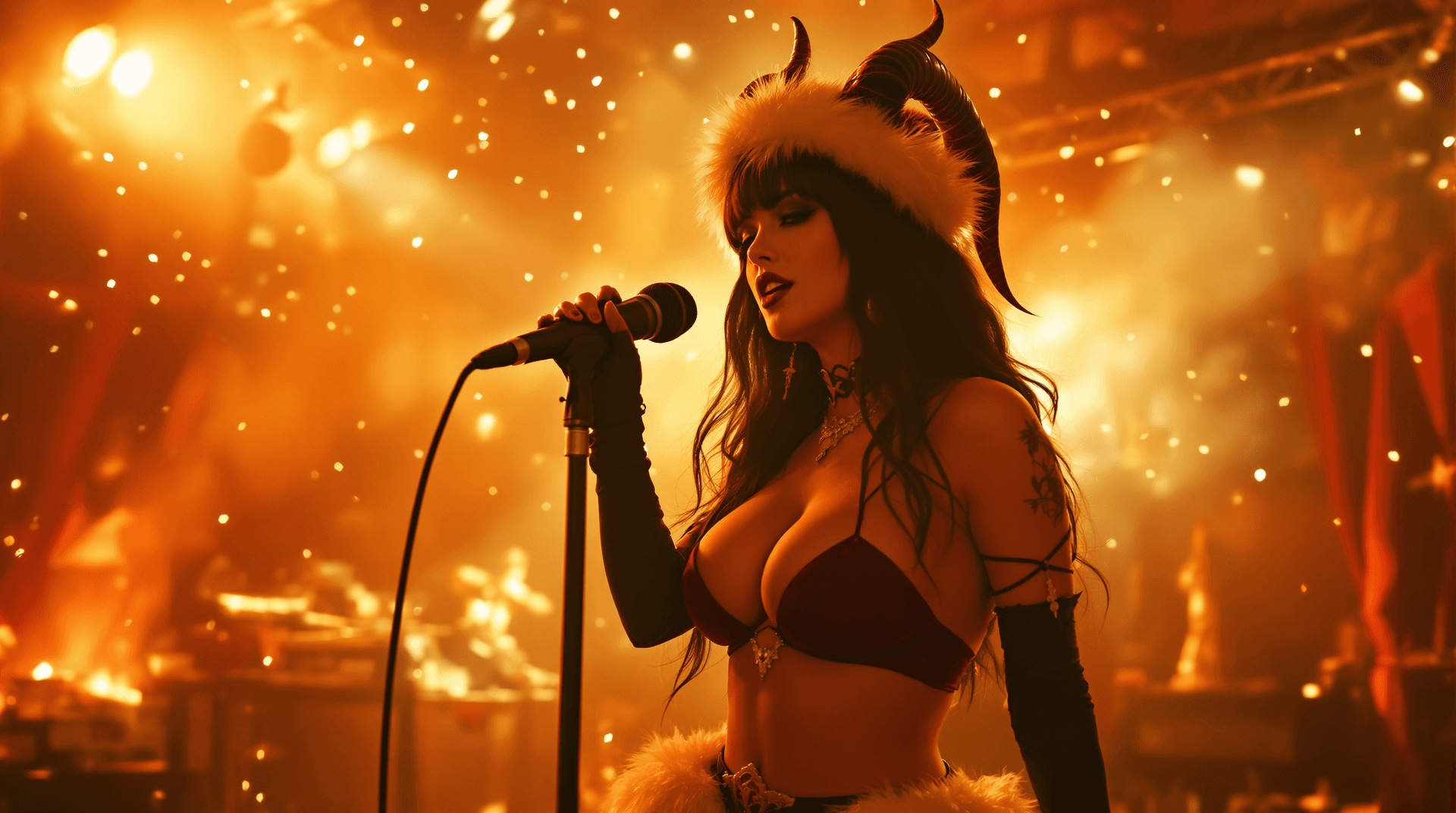 AI generated: wideangle, distant composition. photo of a female red demon (succubus), bathed in a warm, golden glo...