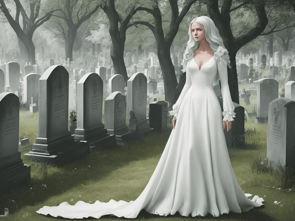 AI generated: The image depicts a woman in a white dress standing in a graveyard, surrounded by tombstones and tre...
