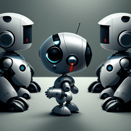 AI generated: 
Draw a small robot surrounded by other robots who are busy working. He shows his lonely expression ...