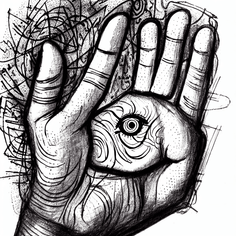 AI generated: mystical symbol, hand with the eye, ink illustrattion, scribble illustration, paranoid, annotated, m...