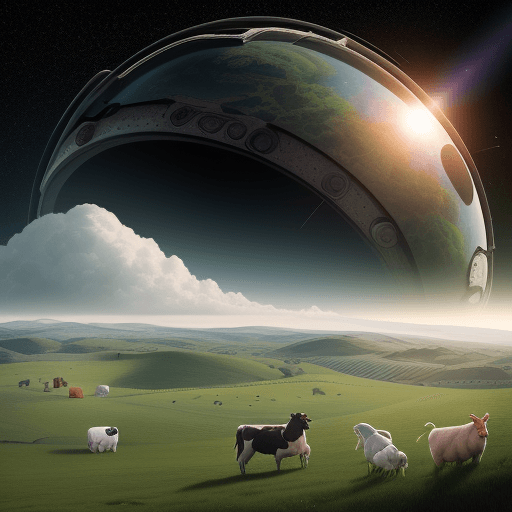 AI generated: rolling hills, medical supplies, farm animals, existential threat, space exploration, AI superintell...