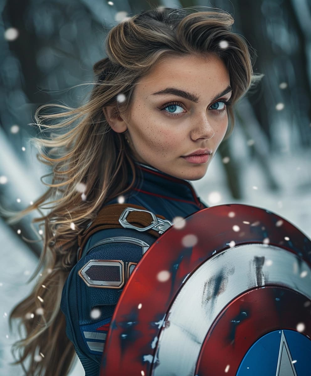 AI generated: A photo of a beautiful female as captain America, full body shot,