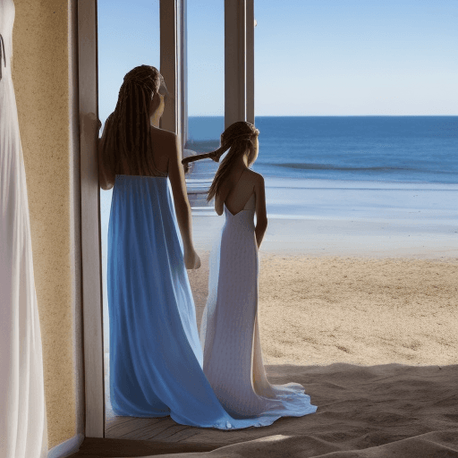 AI generated: The photo is taken in a beach house. The girl is standing near the door (we can see the beach at a d...