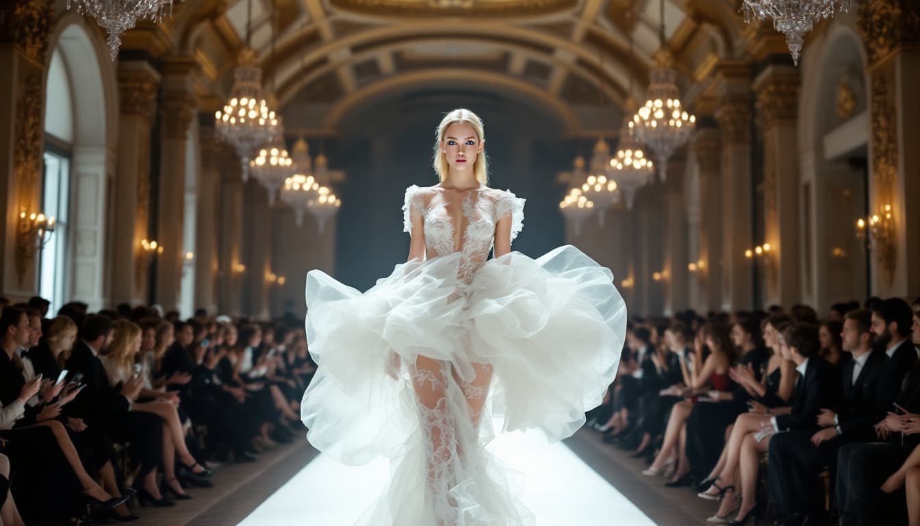 AI generated: Image is a high-fashion runway photograph set in an opulent, grand hall with ornate architectural de...