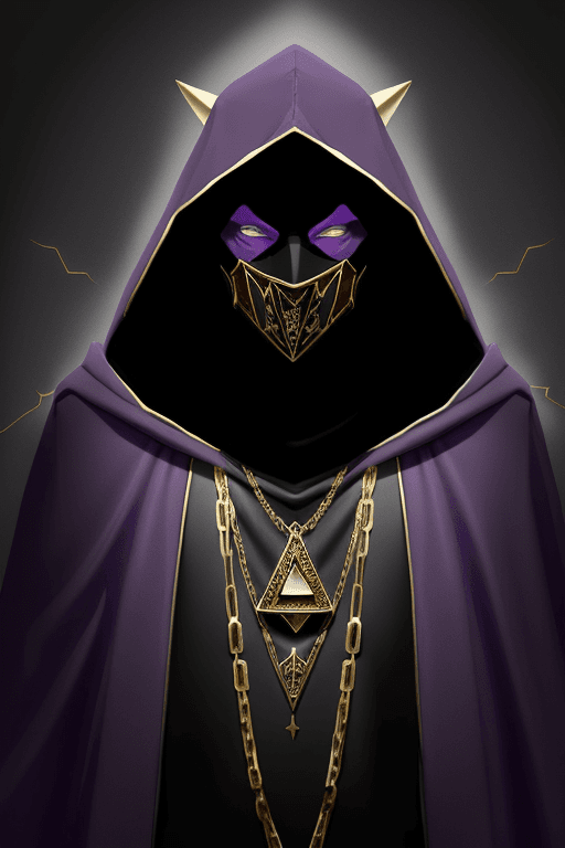 AI generated: Shadow wizard money gang, in purple cloak hood, dark face, gold chains and jewellery. Big triangle m...