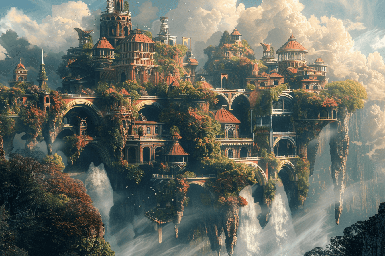 AI generated: landscape that blend elements of fantasy with surreal architecture