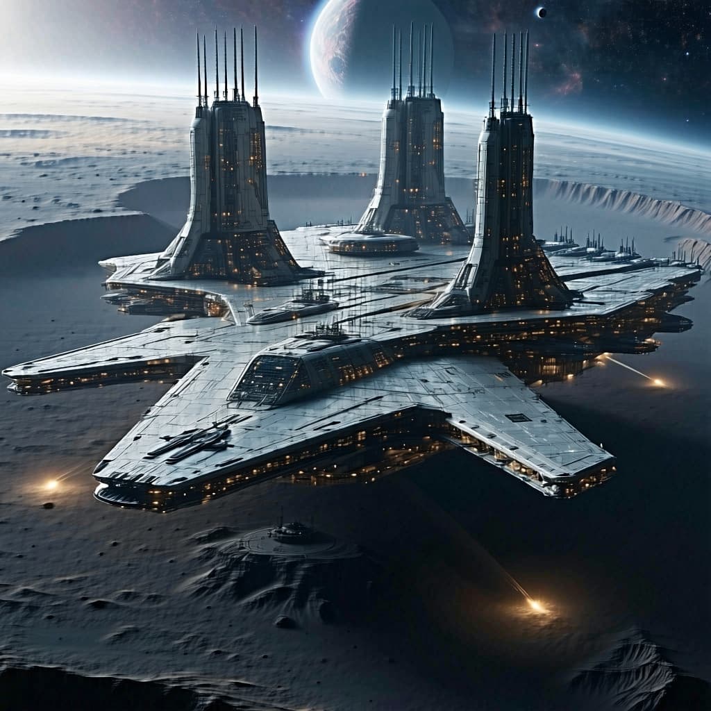 AI generated: A massive Luna space station city sits on a large surface area on the planet Mars. Capable of dockin...