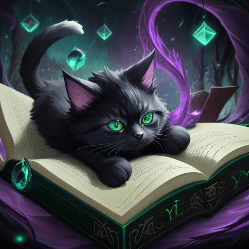 AI generated: League of Legends, magical Yuumi cat basking playfully on top of a large, open, floating spell book,...